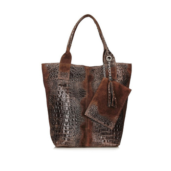 Brązowa shopperka damska z tłoczeniem ze skóry zamszowej Toscanio TOS 1101