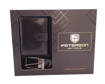 Skórzany zestaw prezentowy portfel męski i pasek Peterson BW-6062 czarny