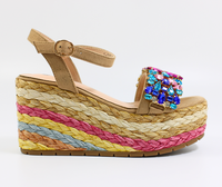 Beżowe sandały damskie na koturnie  z cyrkoniami Scaviola S-249 r40